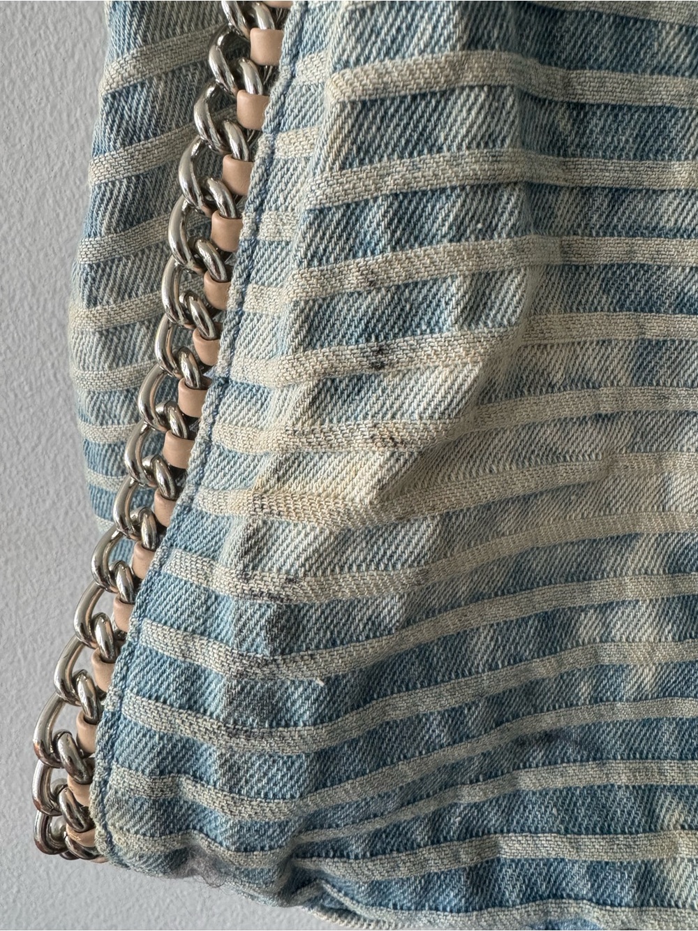 Guess Denim-Striped Light Blue Tote with Tan Handles - Picture 8 of 13